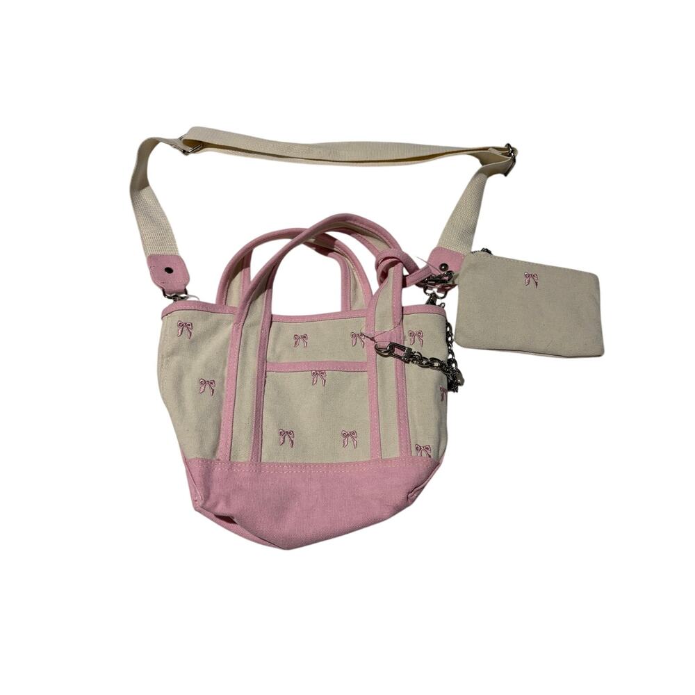 Madden Girl cream canvas pink embroidered bows small tote purse w/strap nwt